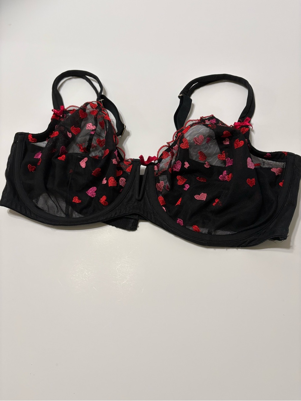 Cacique Black Sheer Underwire Bra with Pink & Red Heart Embroidery